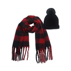 Marcus Adler Women's Red Black Buffalo Plaid Hat and Scarf Set
